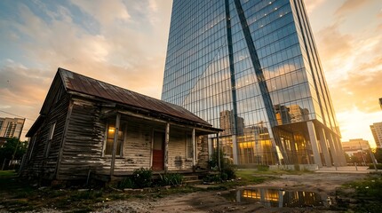 Fototapeta premium An old wooden home rests against a grand, glass office building at sunset.