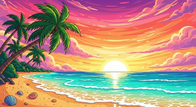 Tropical Beach Sunset Paradise Scene.