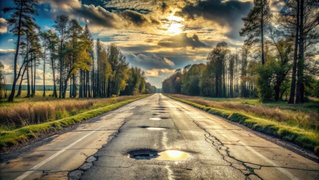 Serene Sunset Over a Rural Asphalt Road with Potholes