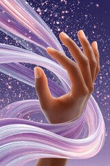 Obraz premium Abstract hand reaching through swirling purple light ribbons with cosmic sparkles and magical energy