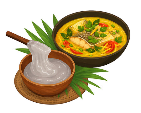 Traditional Indonesian Papeda and Yellow Fish Soup vector illustration.