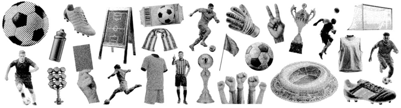 Soccer football grunge halftone design elements collection with players, ball, trophy, stadium, and referee card for sports advertising