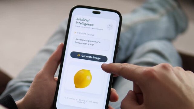 User generates AI art on a smartphone using a text prompt. Close-up of the Generate image button and the final result of a realistic lemon. Perfect for tech, innovation, and futuristic creative