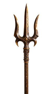 Isolated ornate antique bronze trident with intricate carvings, a mythical ancient weapon or symbol