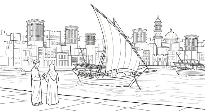 Traditional Middle Eastern Harbor Scene with Couple and Dhow Boat.