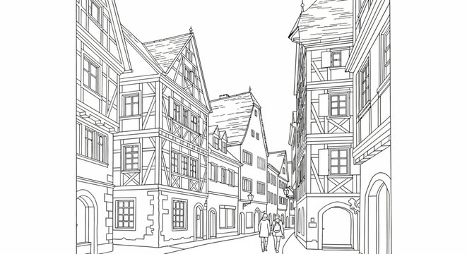 Charming historical street scene with half timbered houses.