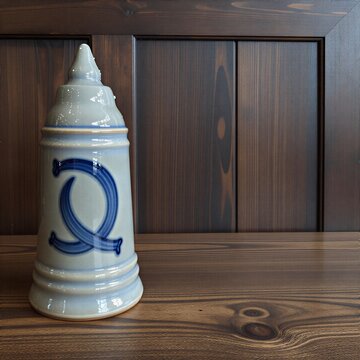Antique stoneware beer stein on a wooden tavern table