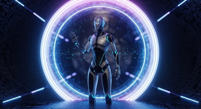 Futuristic robotic figure standing inside a glowing neon circular portal gate