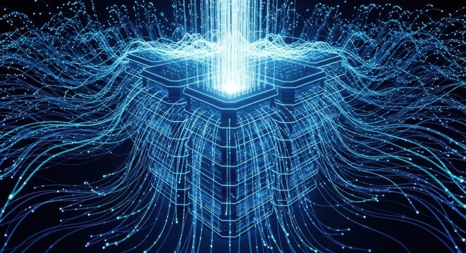 A glowing digital microprocessor unit processing complex data streams in network