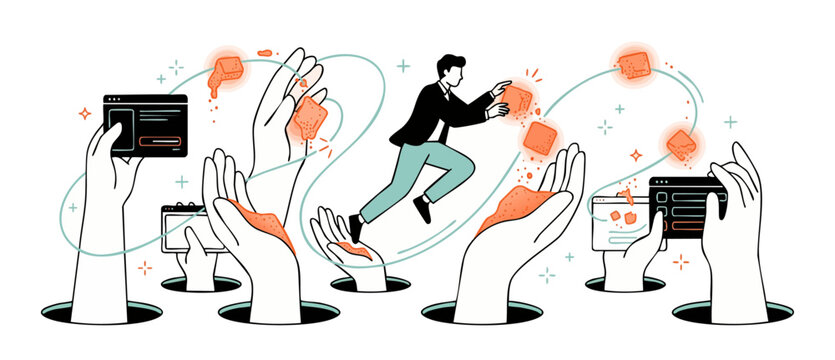 Businessman digital data network concept interacting with floating orange blocks and UI windows in a surreal technology illustration. Giant linear hands gather information representing dynamic web flo