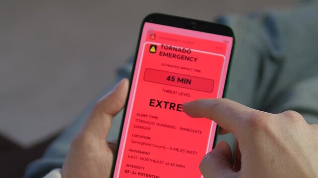Extreme tornado emergency alert on a smartphone. User taps a red warning screen showing 150 MPH winds and EF-3 potential. High-impact footage for disaster safety, weather news, and climate change
