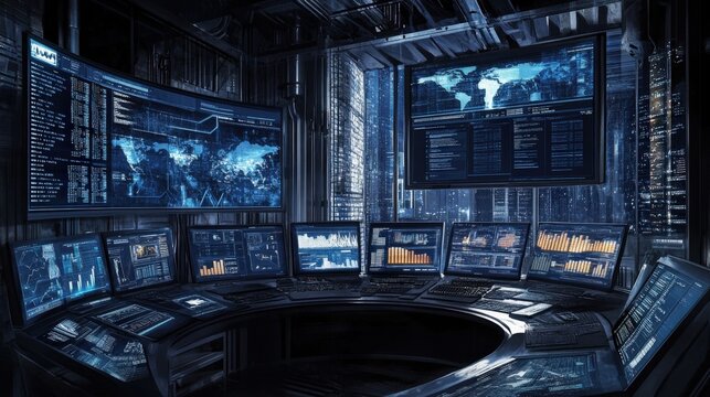 Dark technology command center features multiple glowing computer monitors displaying digital data and global maps.
