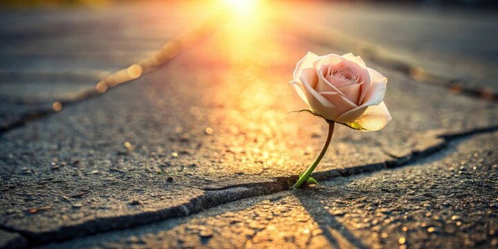 A delicate rose emerges from a crack in the pavement, bathed in the warm glow of the setting sun, a symbol of resilience and the enduring beauty of nature's tenacity.