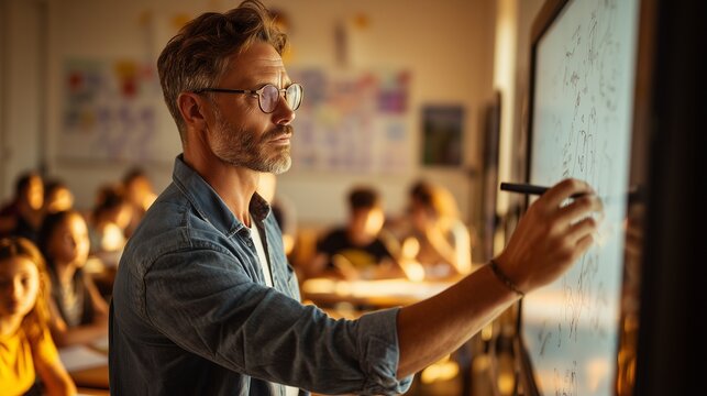 Teacher writing on digital smart board in classroom, modern education concept, realistic lighting