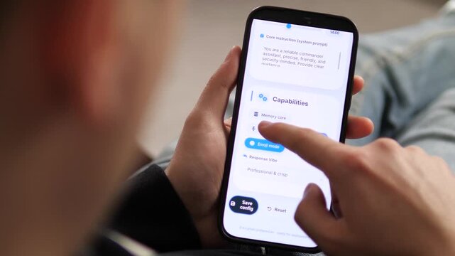 User customizing AI assistant persona on smartphone. Adjusting parameters and response style. Modern tech UI for bot creation. Seamless mobile experience. Perfect for future technology and software