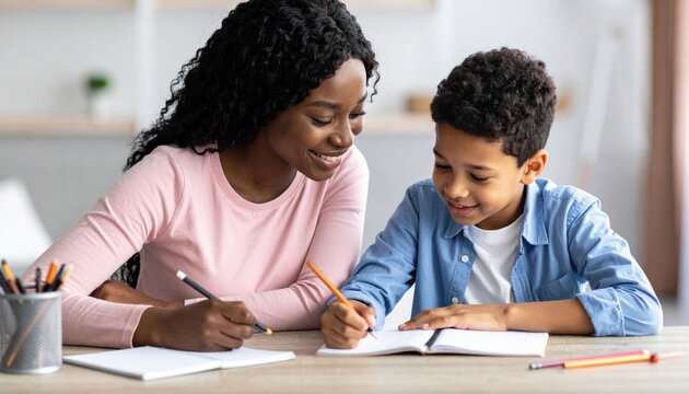 A smiling family with a young boy and child uses a laptop together at home, enjoying fun internet technology and education for a happy lifestyle