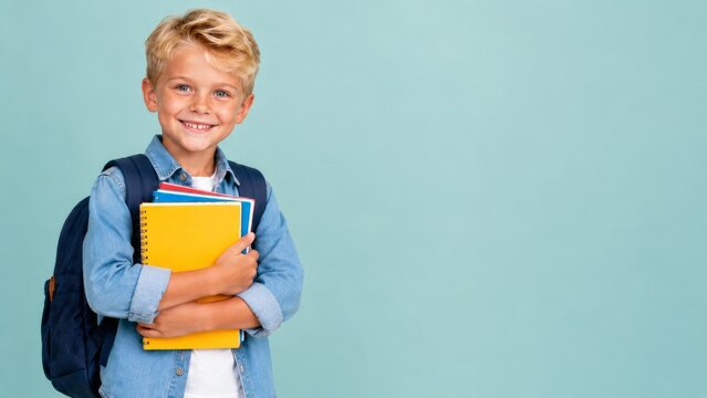 Happy blond schoolboy with backpack holding colorful notebooks on turquoise background with copy space, back to school, primary education, confident pupil and new academic year promotion banner ad