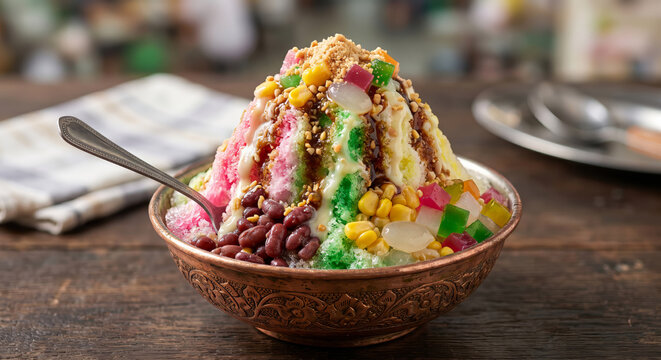 Vibrant Singaporean Ice Kachang, Commando Shaved Ice Dessert in Carved Bowl 8K