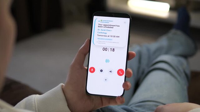Patient calling a medical clinic for a consultation from home. Modern app UI showing a successful cardiology appointment confirmation during the call. Ideal for telehealth, digital health tech, and