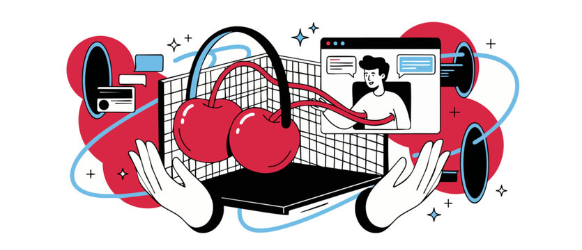 Cherry picking digital recruitment concept showing hands choosing candidates on a laptop screen. Abstract flat vector illustration of online talent acquisition, content curation, and selective hiring.