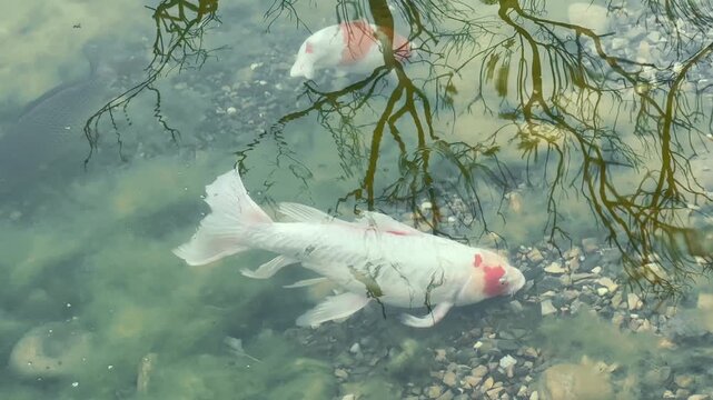 Koi fish swimming in clear pond water, tree reflections, zen garden nature, aquatic wildlife, calm meditation, wellness background.
