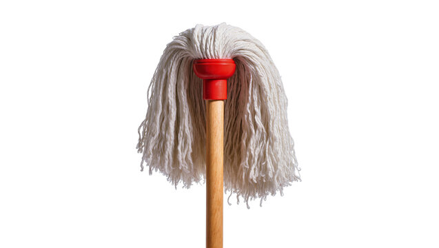Isolated household cleaning tool, a classic string mop with a red plastic and wooden handle