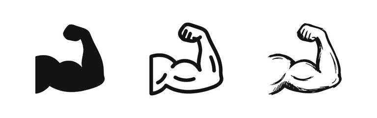 Fototapeta premium Strong Arm Bicep Muscle Icons Set in Solid Outline and Hand Drawn Sketch Styles