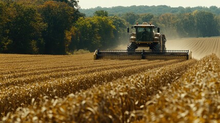 Fototapeta premium A massive tractor harvesting wheat crops in a sunny field