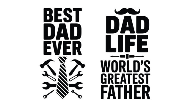 Black and white graphic design for fathers day with tools and text on white background