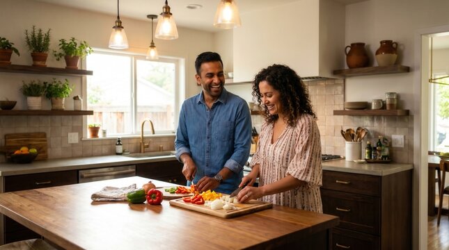 Happy couple cooking together in a cozy modern kitchen, chopping fresh vegetables on a wooden island and smiling while preparing a healthy homemade meal