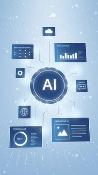Vertical Artificial Intelligence Ecosystem Infographic Animation with UI Panels for Generative AI Machine Learning and Data Analysis over Light Blue Glowing Background Ideal for Tech Presentations
