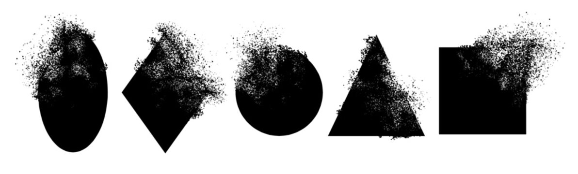 Geometric shapes particle dispersion shatter effect, black dissolving basic figures: oval, diamond, circle, triangle, and square dust explosion isolated abstract design elements set