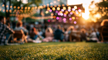 Naklejka na ściany i meble Blurred summer outdoor concert background with grass foreground lake view sunset stage lights and relaxed crowd for lifestyle event design