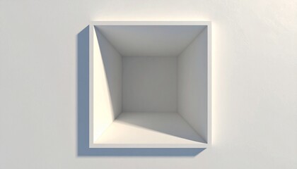 Obraz premium Overhead view of an empty, minimalist, white box, recessed into a similarly colored wall view