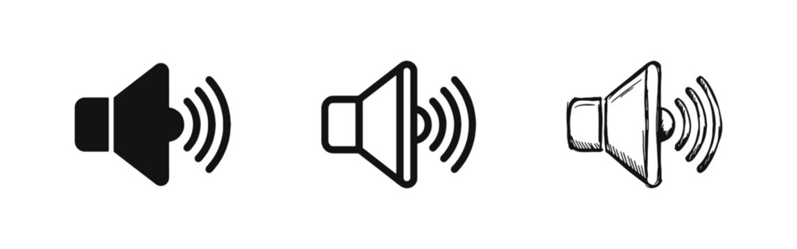 Audio Speaker Volume and Sound Wave Icons Set in Solid Outline and Sketch Styles