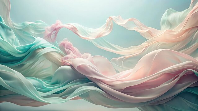 Abstract Pastel Fabric Swirls Elegant Drapery in Delicate Hues, a Serene Visual Display of Flowing Texture and Gentle Movement