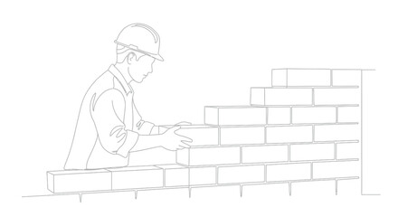 Construction worker building brick wall, simple line art illustration © syeila