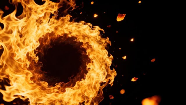 Fire ring with embers on black background