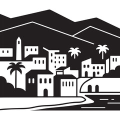 Black and White Silhouette Vector of a Coastal Mediterranean Village with Palm Tree. © shahariea