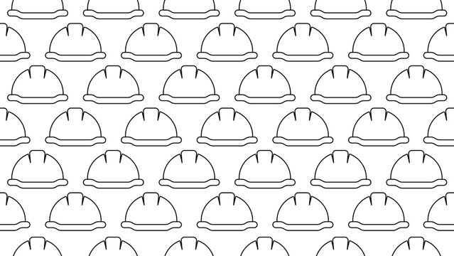 Seamless repeat pattern of front-view engineer helmets in minimal stroke outline style on a transparent PNG background. For safety, construction, engineering, and industrial design concepts.
