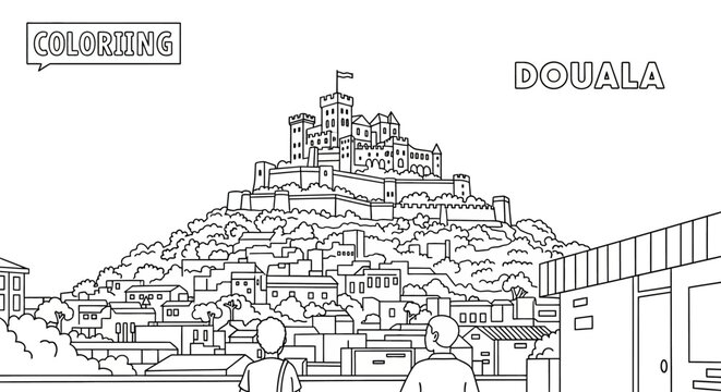 Detailed black and white illustration of Douala cityscape and castle.