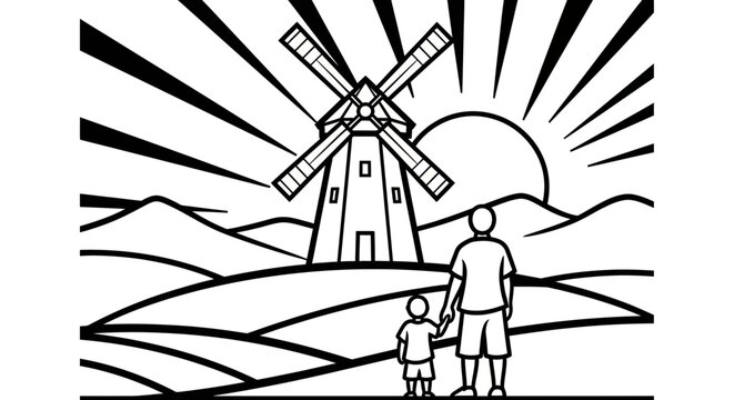 Father and Child Walking Toward Windmill at Sunset Scene.