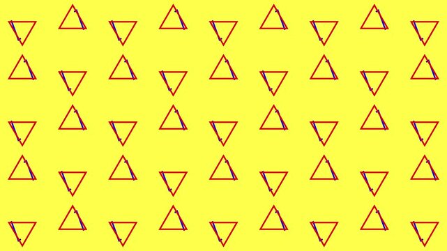 Simple animated dynamic shape pattern featuring red triangles and blue angles rotating rhythmically on a vibrant yellow background for modern motion graphics and video design