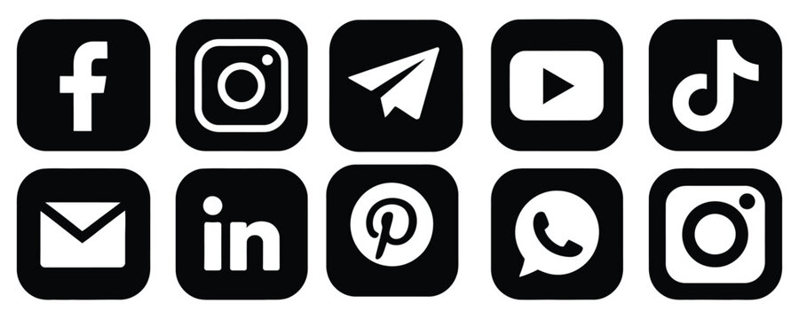 Social Media Icons Collection with Facebook Instagram Telegram YouTube TikTok Email LinkedIn Pinterest WhatsApp