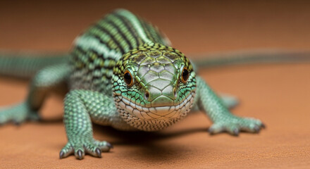 Fototapeta premium Green lizard on brown surface closeup.