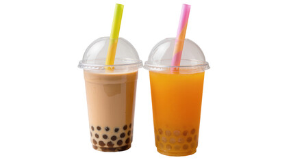 Fototapeta premium Isolated refreshing bubble teas with tapioca pearls and popping boba in clear plastic cups