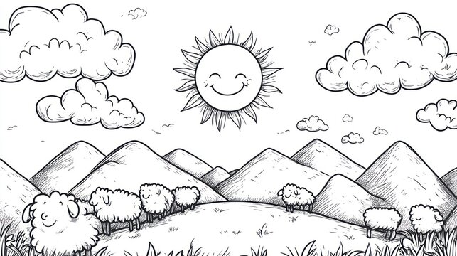 Cartoon sheep in a landscape with sun and clouds. Background use coloring book