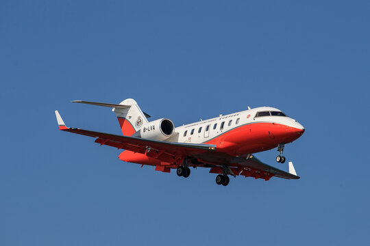 Hong Kong - January 24, 2018: A Bombardier Challenger 605 (Registration B-LVA) operated by the Government Flying Service (GFS) on final approach to Hong Kong International Airport.