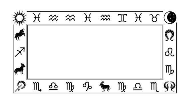 Astrology Zodiac Symbols Border Frame with Sun Moon and Constellations.