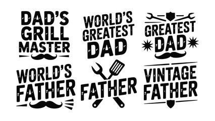 Obraz premium Black text phrases for fathers day on white background with grill tools and mustaches